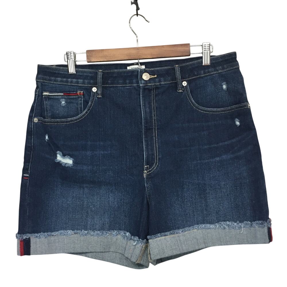 Tommy Jeans Rolled Cuffed High Rise Denim Shorts 33 Dark Wash Distressed
